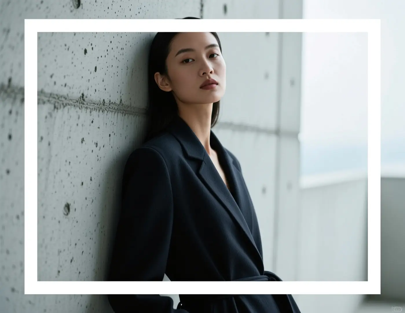 An editorial portrait concept with a direct pose, simple setting, and controlled lighting mood.