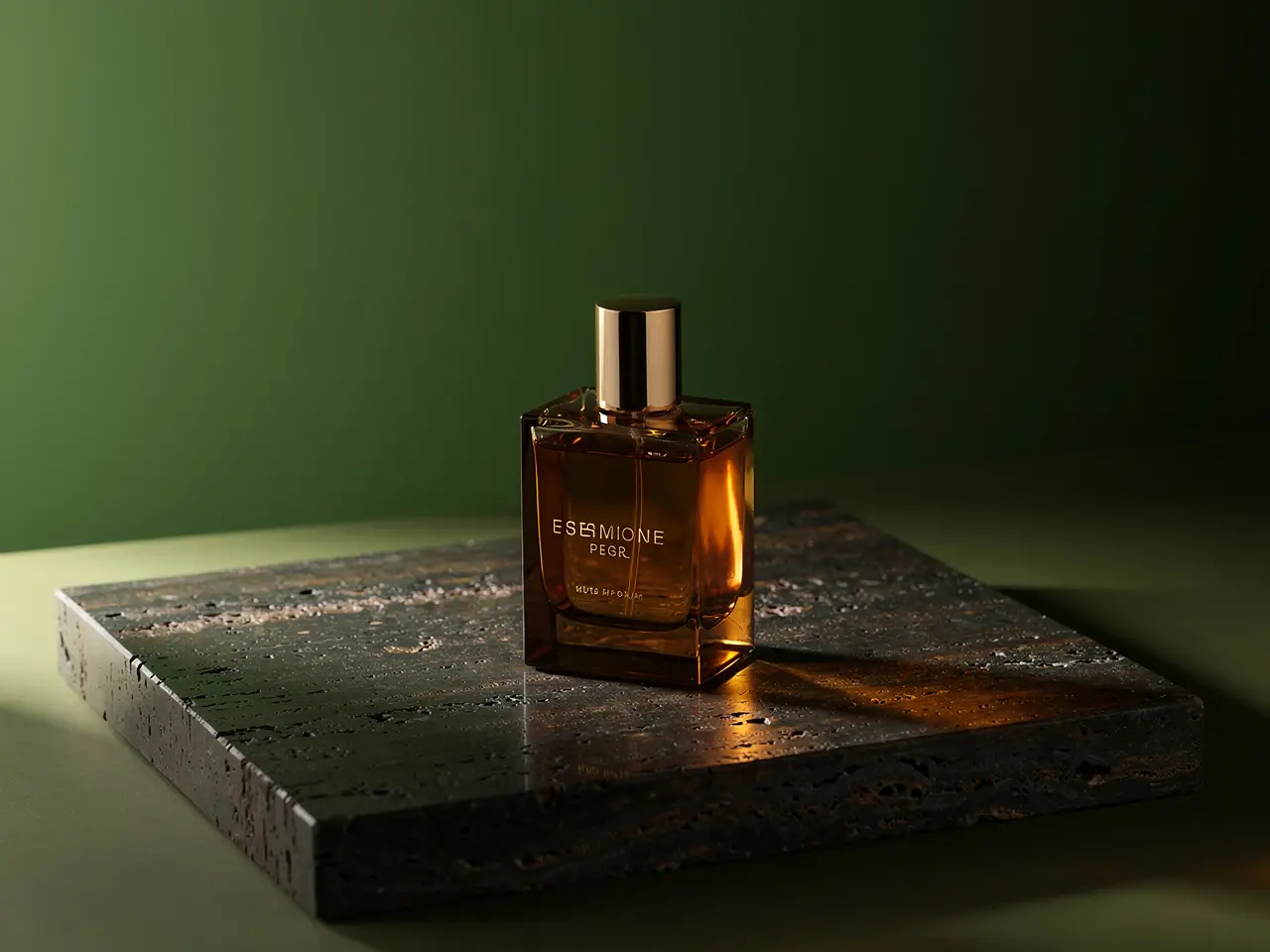 A luxury fragrance still life with precise reflections, premium materials, and a calm editorial palette.