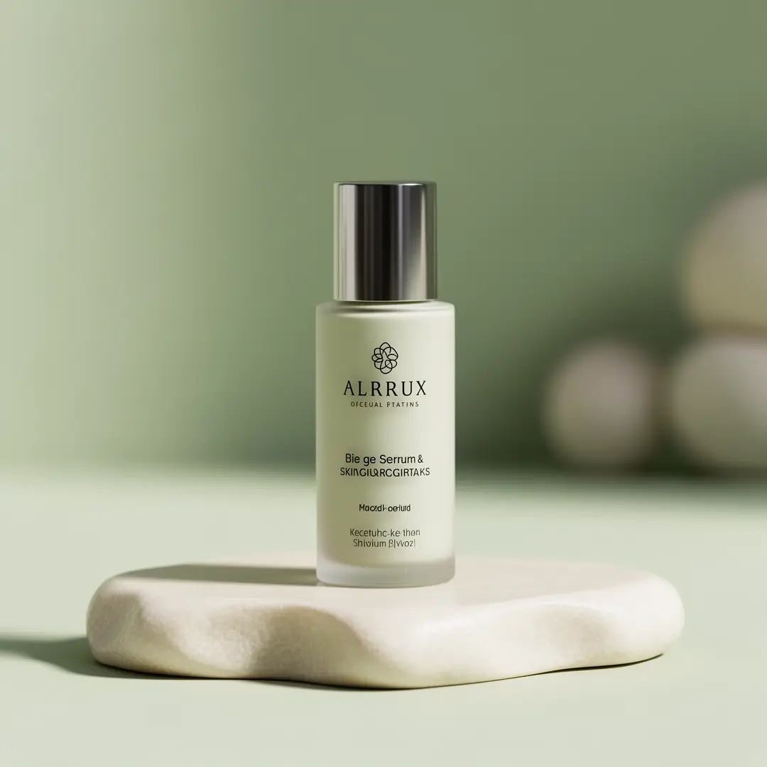 A clean skincare product hero image with polished materials and a calm premium palette.