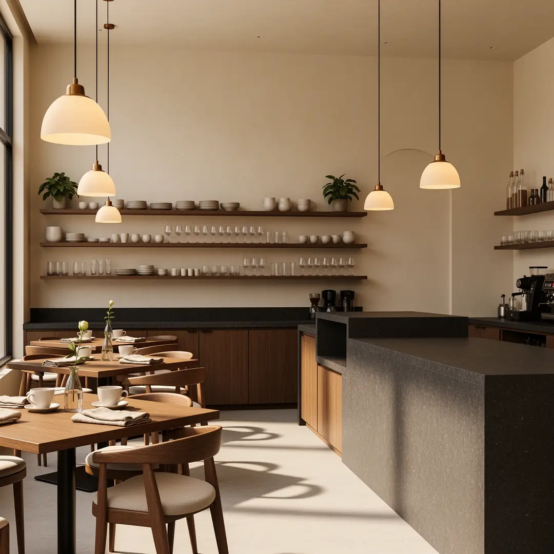 A boutique cafe interior concept with warm materials, balanced light, and a polished hospitality mood.