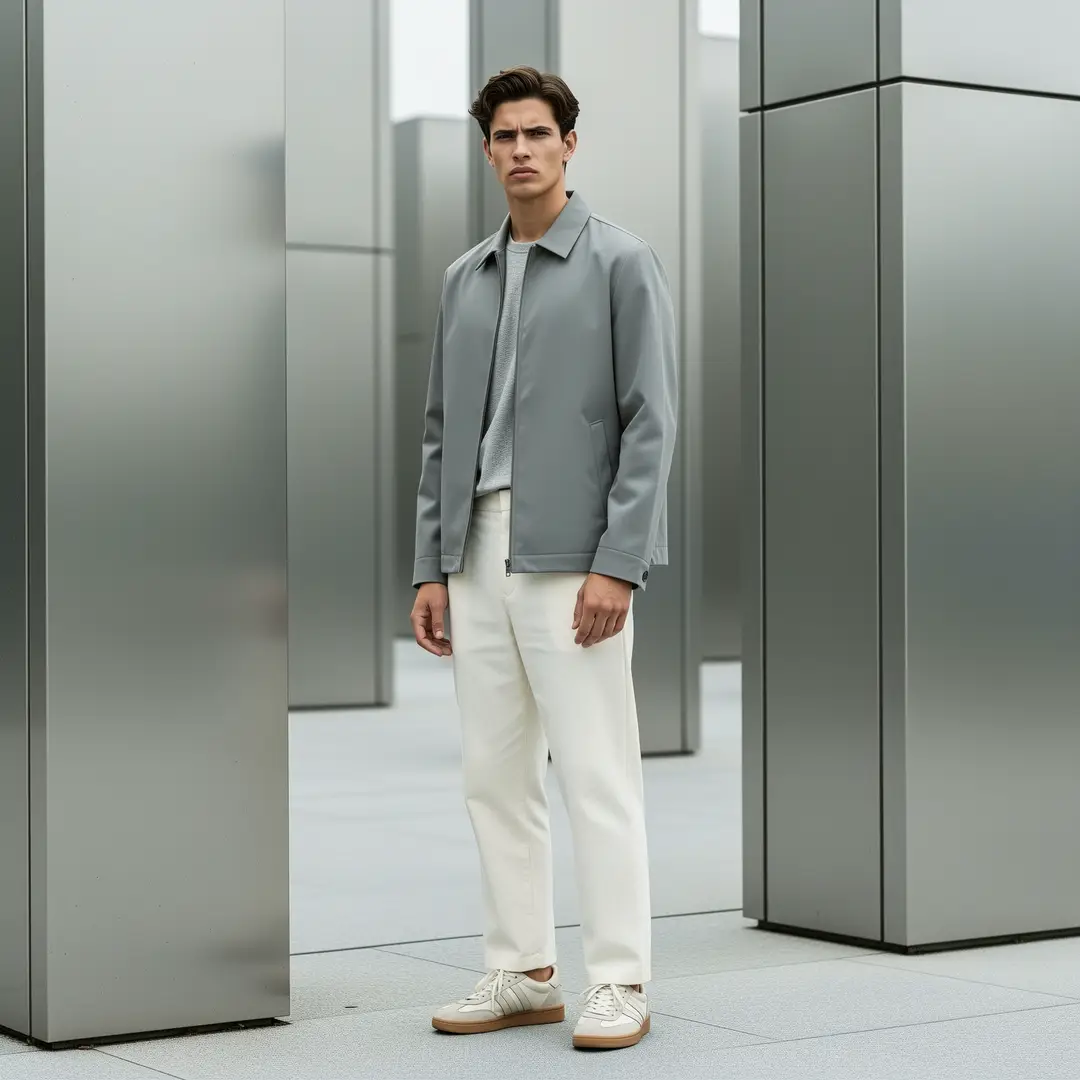 A streetwear lookbook frame with balanced polish, clear wardrobe direction, and a clean campaign tone.