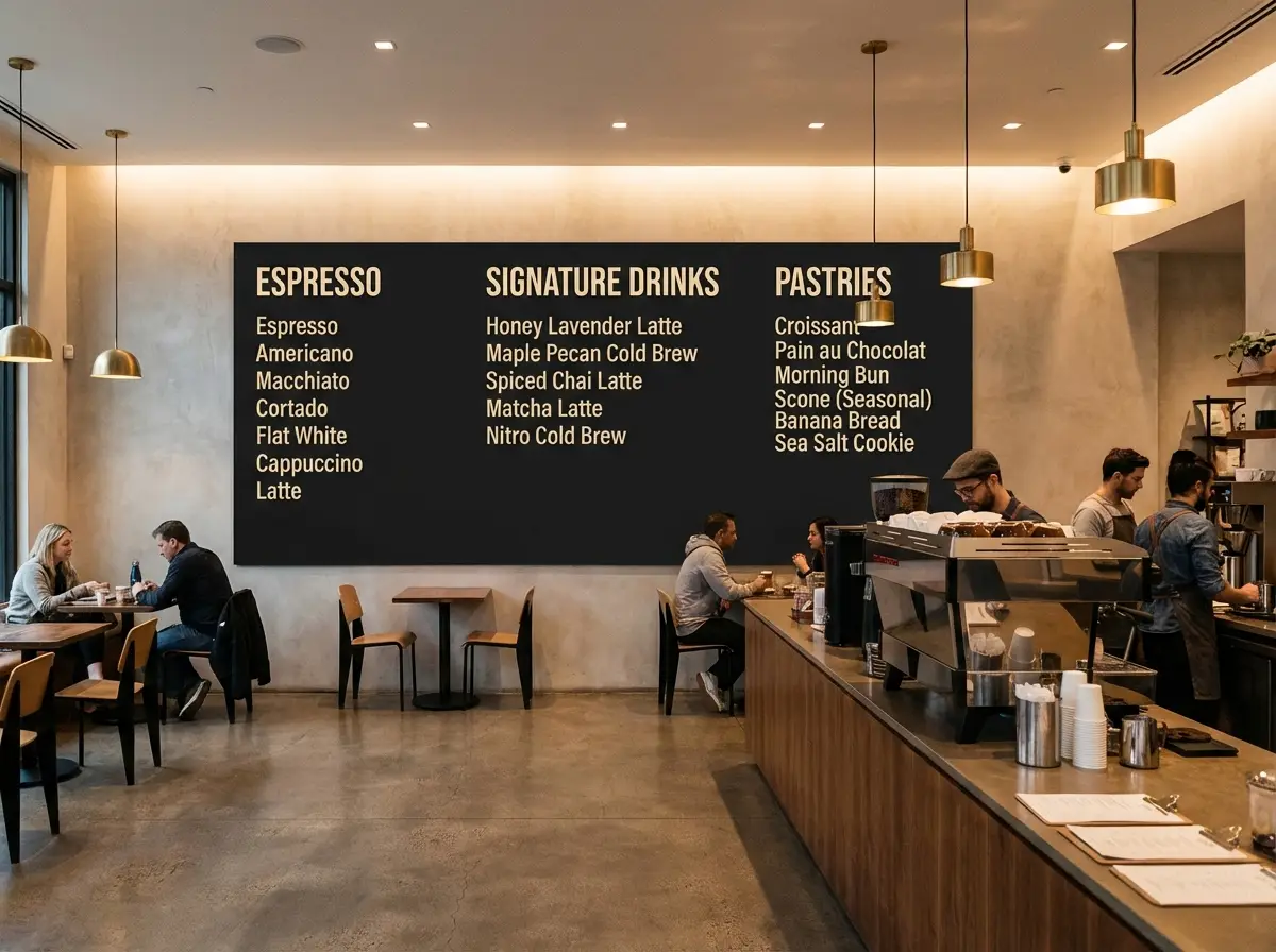 A readable cafe menu board with clean category headings and a premium interior presentation.