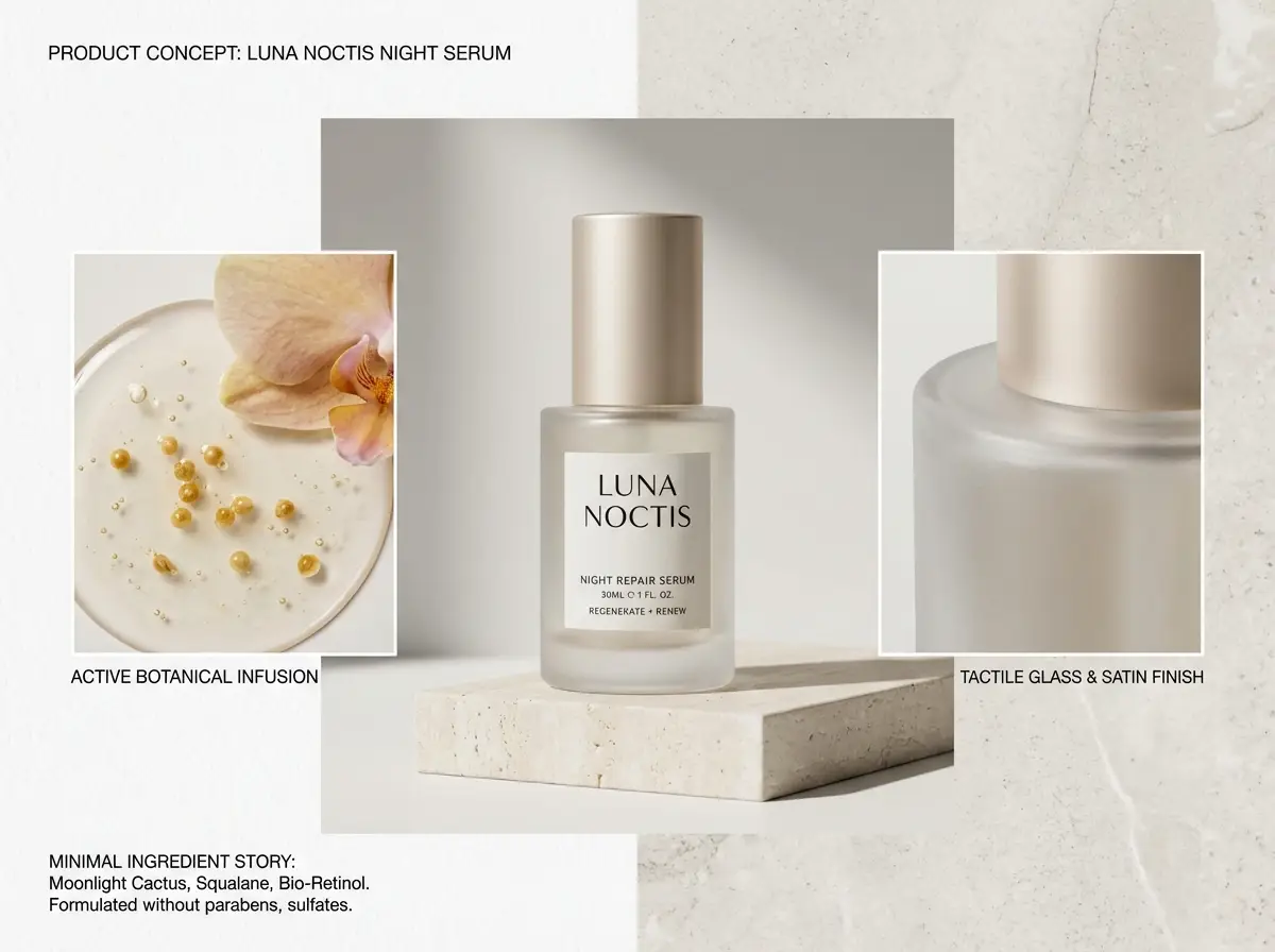 A skincare product board with a hero bottle, detail crops, and labeled design callouts.