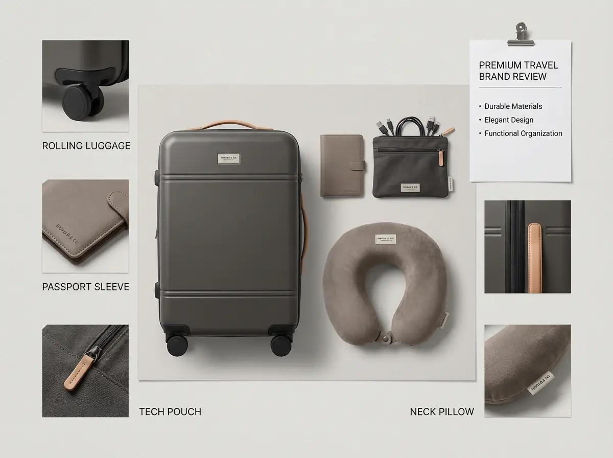 A travel kit concept board combining luggage, accessories, and coordinated color direction from multiple references.