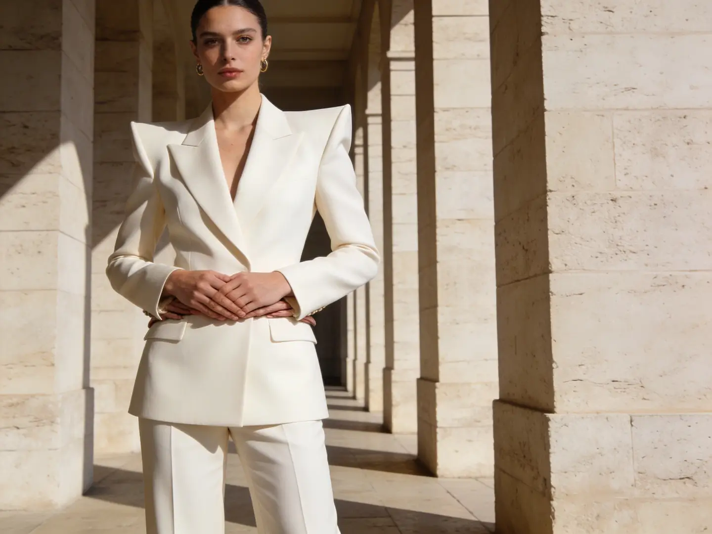 A high-resolution fashion campaign frame with refined wardrobe detail and a polished editorial finish.