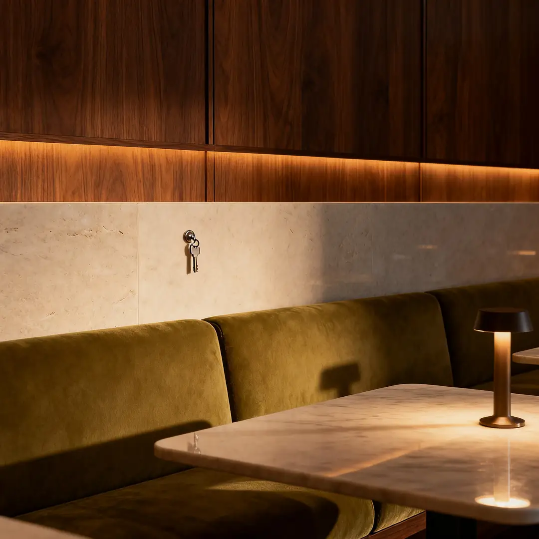 A hotel lounge key visual with clean materials, controlled light, and a polished hospitality mood.