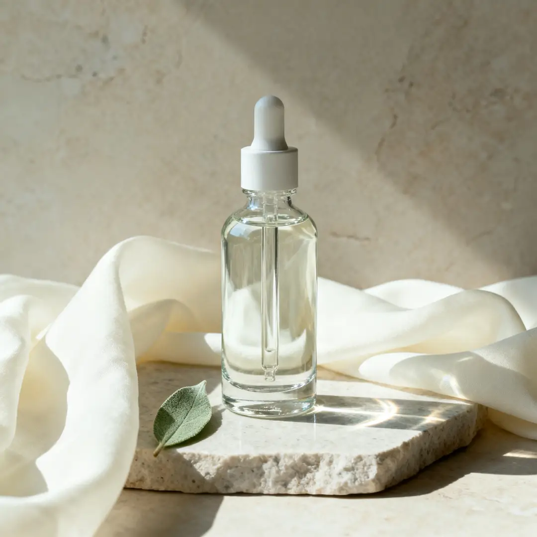 An editorial serum still life with calm palette control and polished product detail.