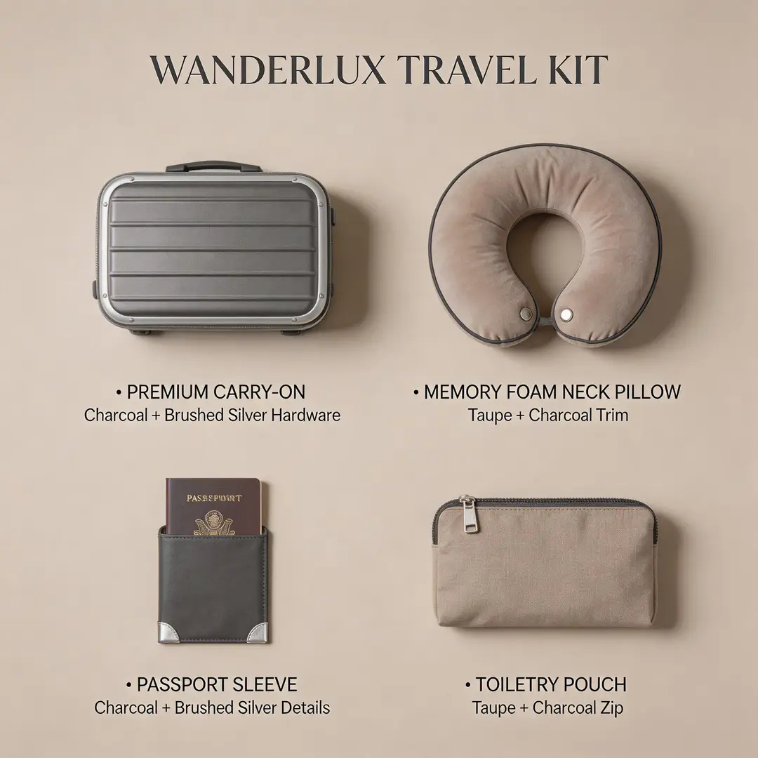 A travel kit concept board with coordinated items, polished materials, and a clean review layout.