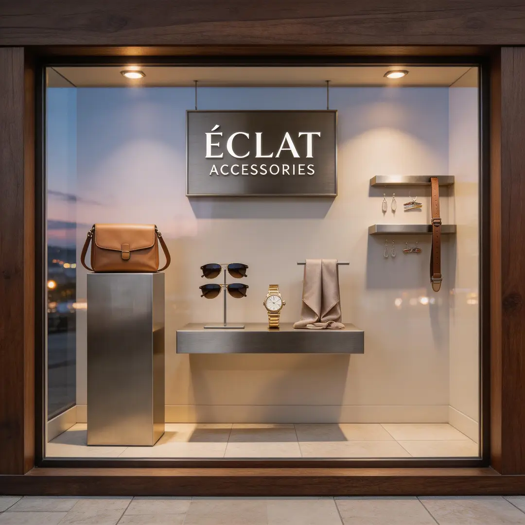 A retail window concept frame with polished materials, clean display composition, and a brand-ready atmosphere.